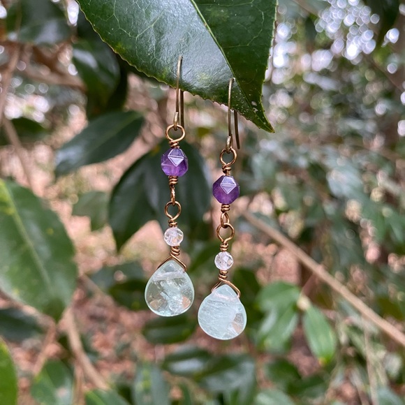 Fluorite and Amethyst Dangle Earrings - Picture 4 of 4